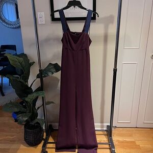 Topshop Burgundy Wide-Leg Jumpsuit w/ Navy Straps  - Size 6
